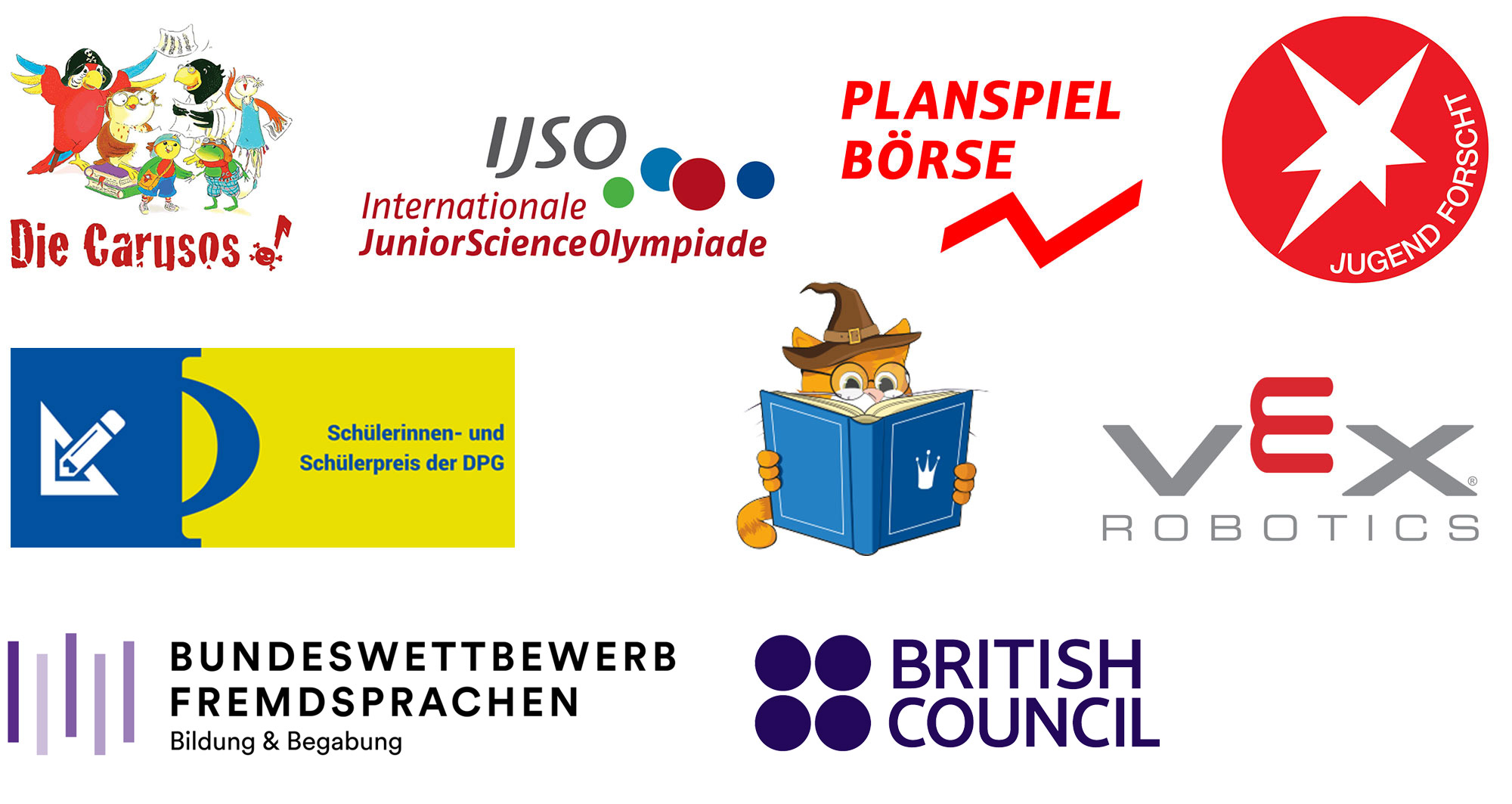 Cosmopolitanschool Berlin Eine Collage verschiedener Wettbewerbs- und Organisationslogos, die Akkreditierung und Auszeichnung von Die Carusos, IJSO, Planspiel Börse, Jugend Forscht, Schülerpreis DPG, VEX Robotics, Bundeswettbewerb Fremdsprachen und British Council präsentieren. loading=