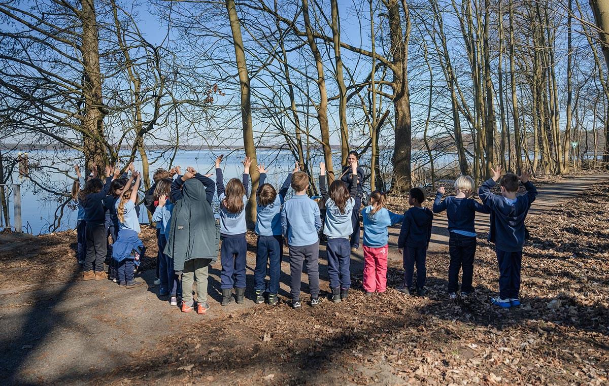 Cosmopolitanschool Berlin Eine Gruppe von Kindern und ein Erwachsener stehen mit erhobenen Armen im Freien in der Nähe des Müggelsees und schauen in die Ferne. Umgeben von blattlosen Bäumen an einem sonnigen Tag, scheinen sie an einem Naturseminar inmitten von trockenem Laub teilzunehmen. loading=