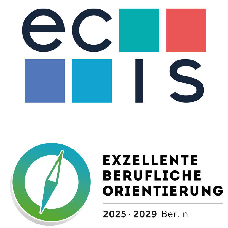Cosmopolitanschool Berlin Logo mit blauen und blaugrünen Buchstaben ecis über farbigen Quadraten. Darunter befindet sich ein grünes und blaues Kompass-Symbol und der Text Exzellente Berufliche Orientierung 2025-2029 Berlin, der die Zusammenarbeit mit der Berlin Cosmopolitan School hervorhebt. loading=