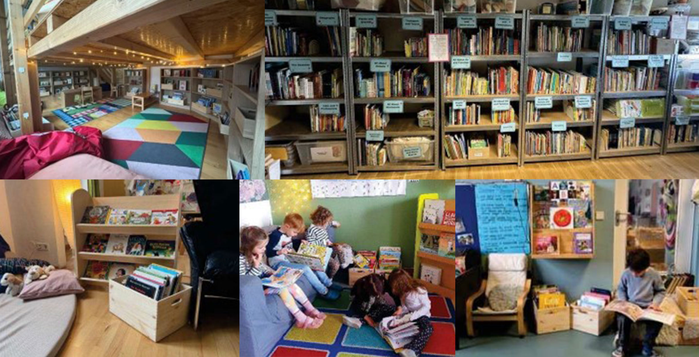 Cosmopolitanschool Berlin Eine Collage von BCS-Kindergarten-Leseecken mit gemütlichen Sitzgelegenheiten, bunten Teppichen, lesenden Kindern und Regalen mit geordneten Büchern in einladenden Räumen - stolz ausgezeichnet mit dem Gütesiegel Buchkita. loading=