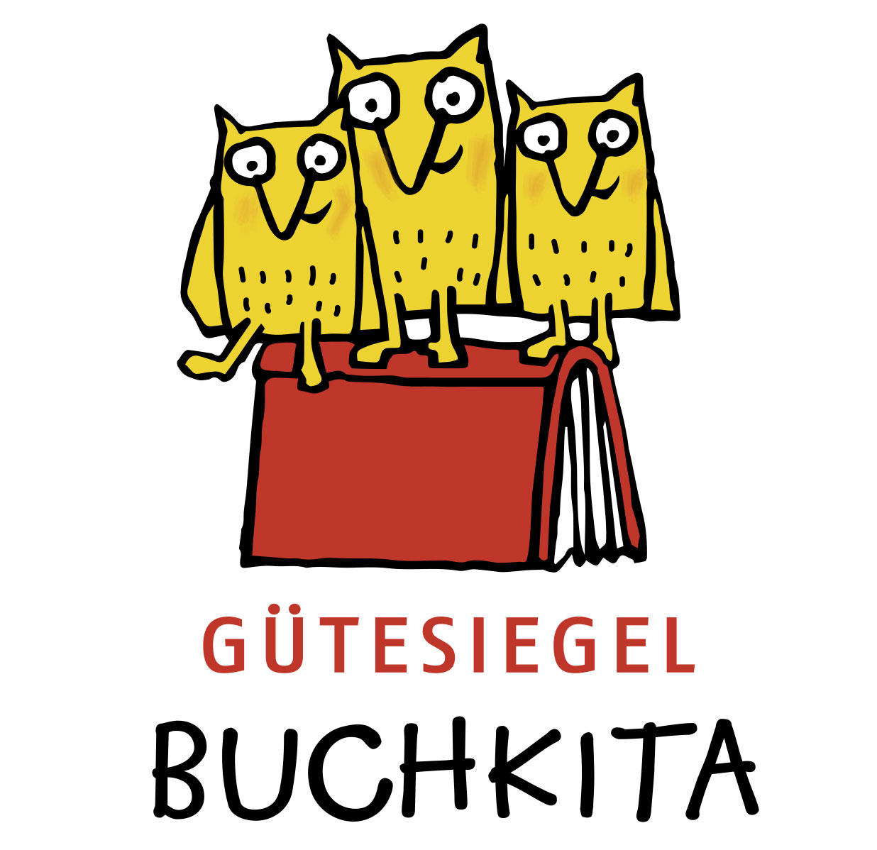 Cosmopolitanschool Berlin Drei gelbe Cartoon-Eulen sitzen auf einem roten Buch. Unter ihnen steht Gütesiegel in Rot und BUCHKITA in Schwarz. Der Hintergrund ist weiß. loading=