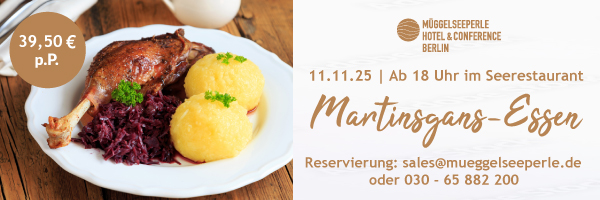 Cosmopolitanschool Berlin Ein Teller mit gebratener Gänsekeule, zwei Kartoffelknödeln und Rotkohl. Martinsgans-Essen für BCS-Familien, 11.11.2025, ab 18 Uhr, 39,50€ p.P.; Reservierung: sales@mueggelseeperle.de, 030-65882200, Müggelseeperle Hotel & Conference Berlin. loading=