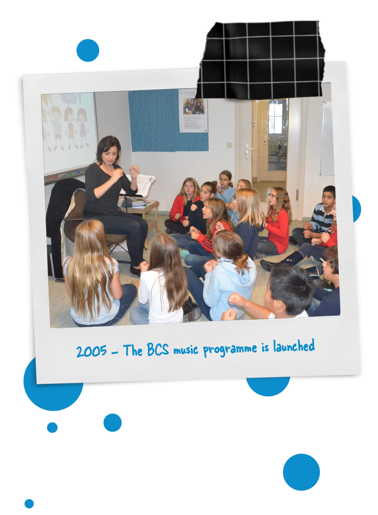 Cosmopolitanschool Berlin Eine Frau leitet eine Musikstunde mit einer Gruppe von Kindern, die auf dem Boden sitzen, ihr zuhören und ihre Gesten beobachten. Der Text darunter lautet: 2005 - Das BCS-Musikprogramm wird eingeführt. loading=