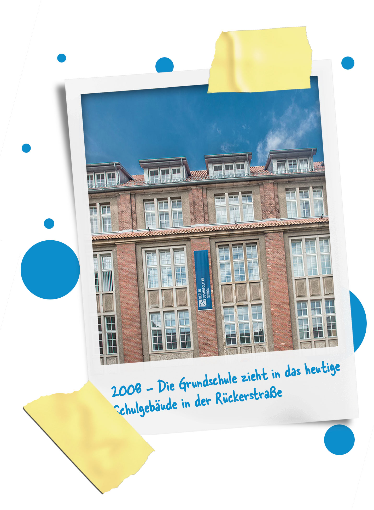 Cosmopolitanschool Berlin Ein Foto eines Schulgebäudes aus rotem Backstein mit großen Fenstern und einem blauen Schild, das als Polaroid an den Ecken aufgeklebt ist. Der Text darunter lautet: 2008 - Die Grundschule zieht in das heutige Schulgebäude in der Rückerstraße. loading=