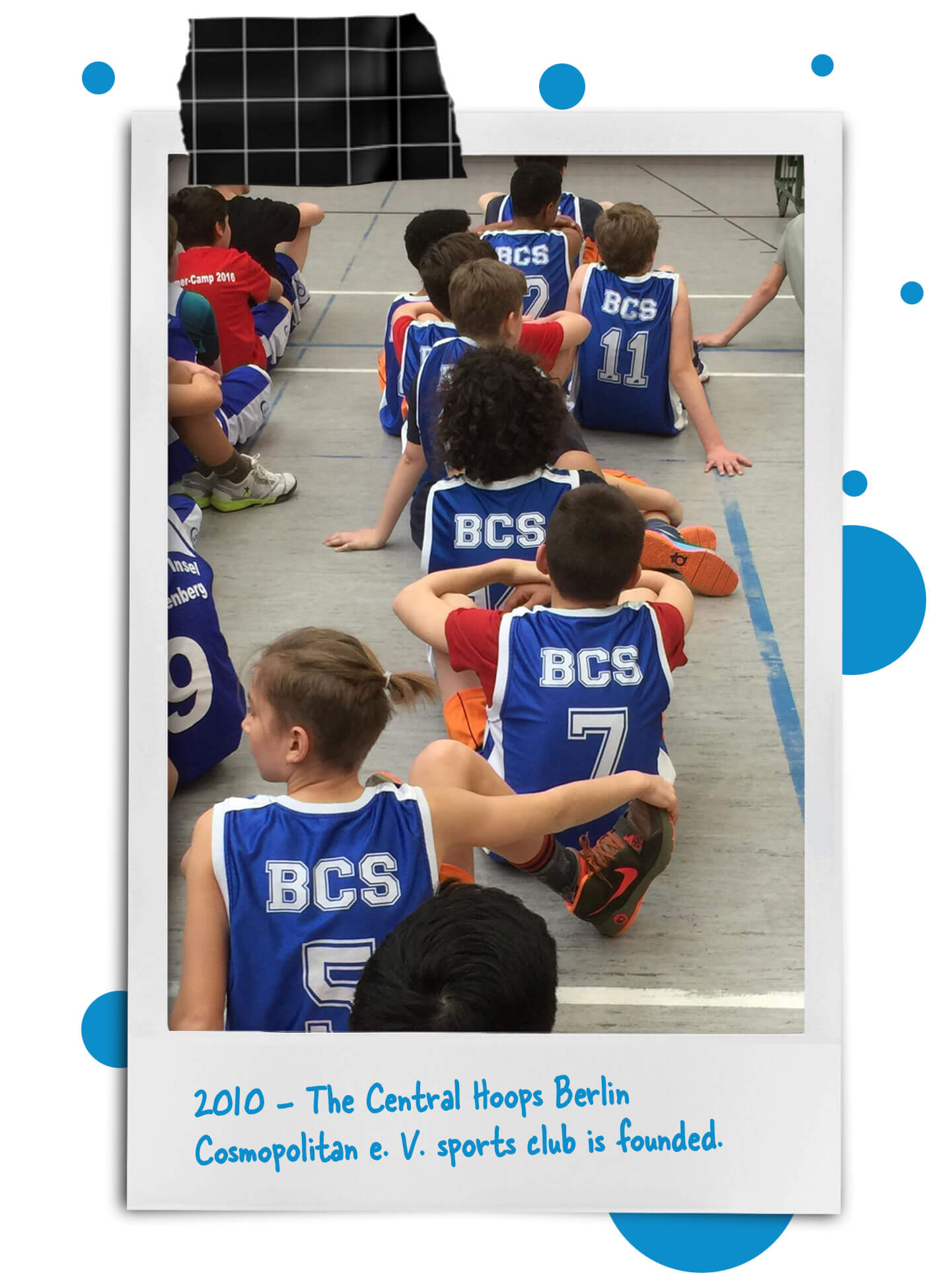 Cosmopolitanschool Berlin Eine Gruppe von Kindern in blauen Basketballtrikots mit der Aufschrift BCS sitzt in einer Reihe auf dem Boden einer Turnhalle. Das Bild hat verspielte blaue Kreise und eine Bildunterschrift: 2010 - Der Sportverein Central Hoops Berlin Cosmopolitan e. V. wird gegründet. loading=