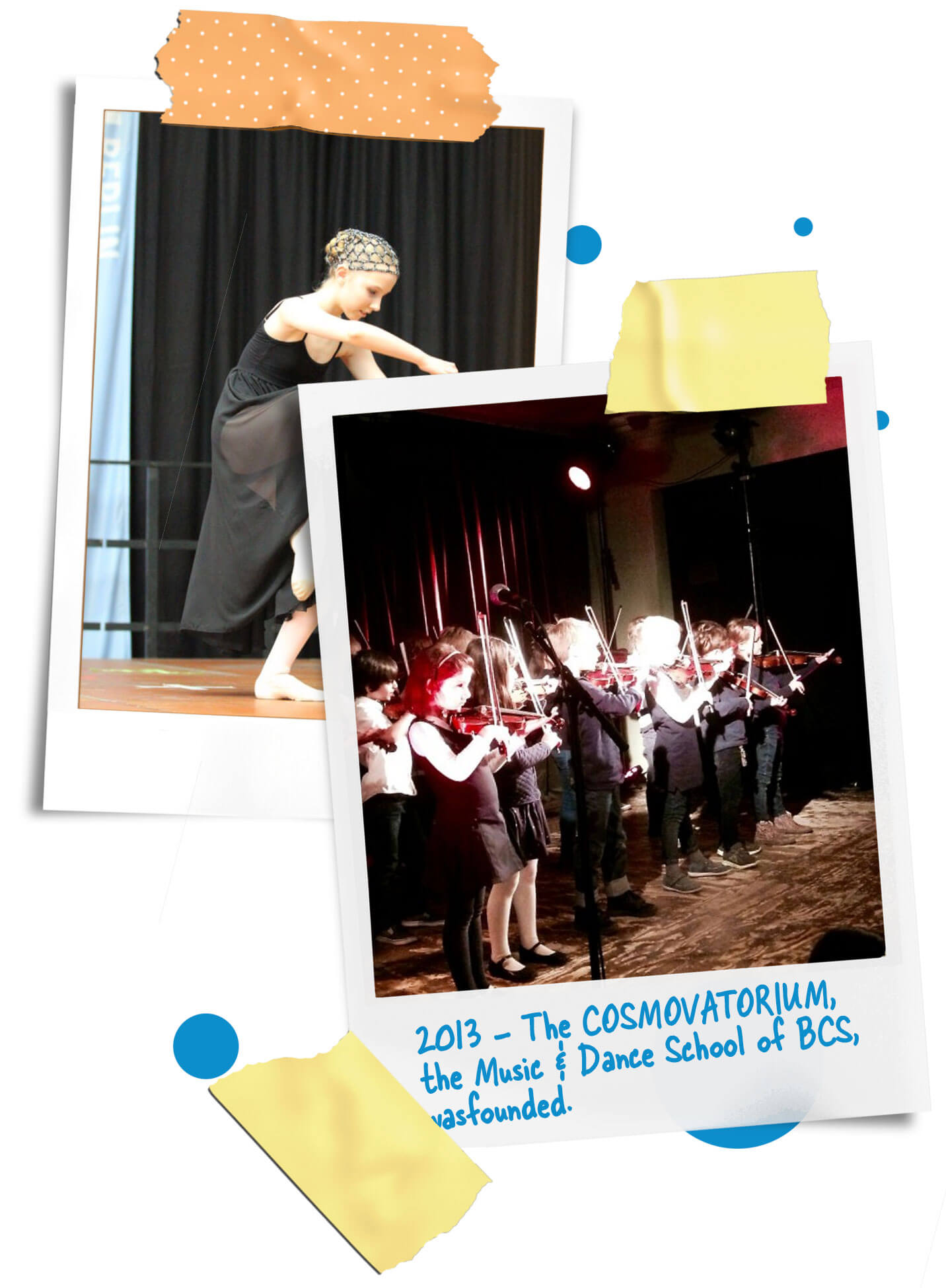Cosmopolitanschool Berlin Zwei Fotos überschneiden sich: Eines zeigt eine Ballerina, die in einem schwarzen Outfit und mit Kopftuch auf der Bühne tanzt; das andere zeigt eine Gruppe von Kindern, die unter Bühnenlicht Geige spielen. Ein handschriftlicher Text verweist auf die Gründung der Schule im Jahr 2013. loading=