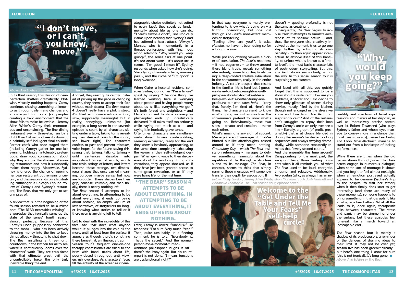 Cosmopolitanschool Berlin Eine Magazinseite enthält zwei Hauptartikel mit Textspalten. Auf der linken Seite ist ein Foto von zwei Personen in Kochuniformen in einer Küche zu sehen. Die rechte Seite zeigt ein großes Zitat und das Bild einer lächelnden Frau in Weiß.