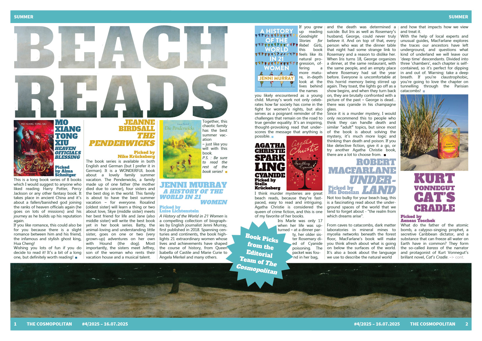 Cosmopolitanschool Berlin Eine Magazinstrecke mit dem Titel BEACH READS, die Buchcover, Kurzrezensionen und Empfehlungen für verschiedene Sommerbücher vor einem hellen Hintergrund mit einem sandfarbenen Rand am unteren Rand enthält.