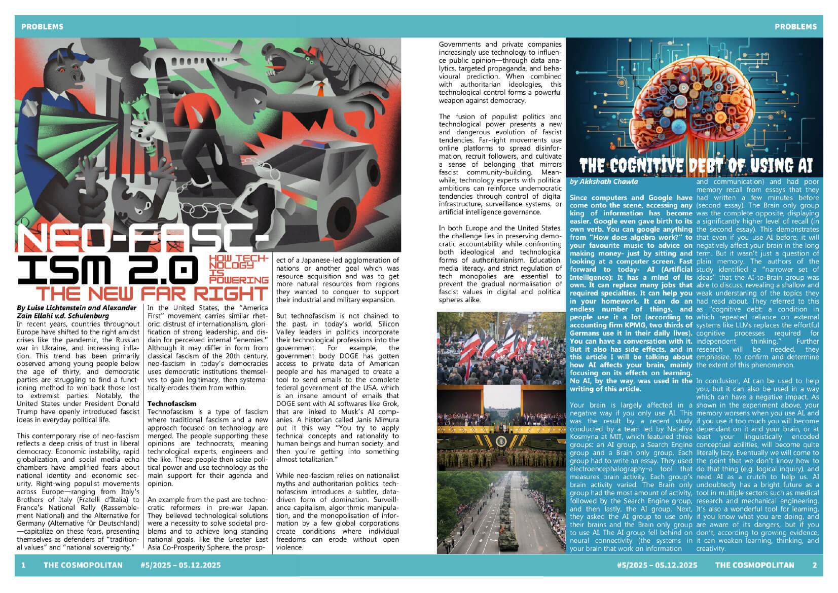 Cosmopolitanschool Berlin Eine Magazinseite zeigt plakative Illustrationen und Texte über Neofaschismus und die kognitive Schuld des Einsatzes von KI. Die Grafiken umfassen abstrakte Menschen, technische Bilder und Protestszenen, begleitet von dichten Spalten mit Artikeltext.