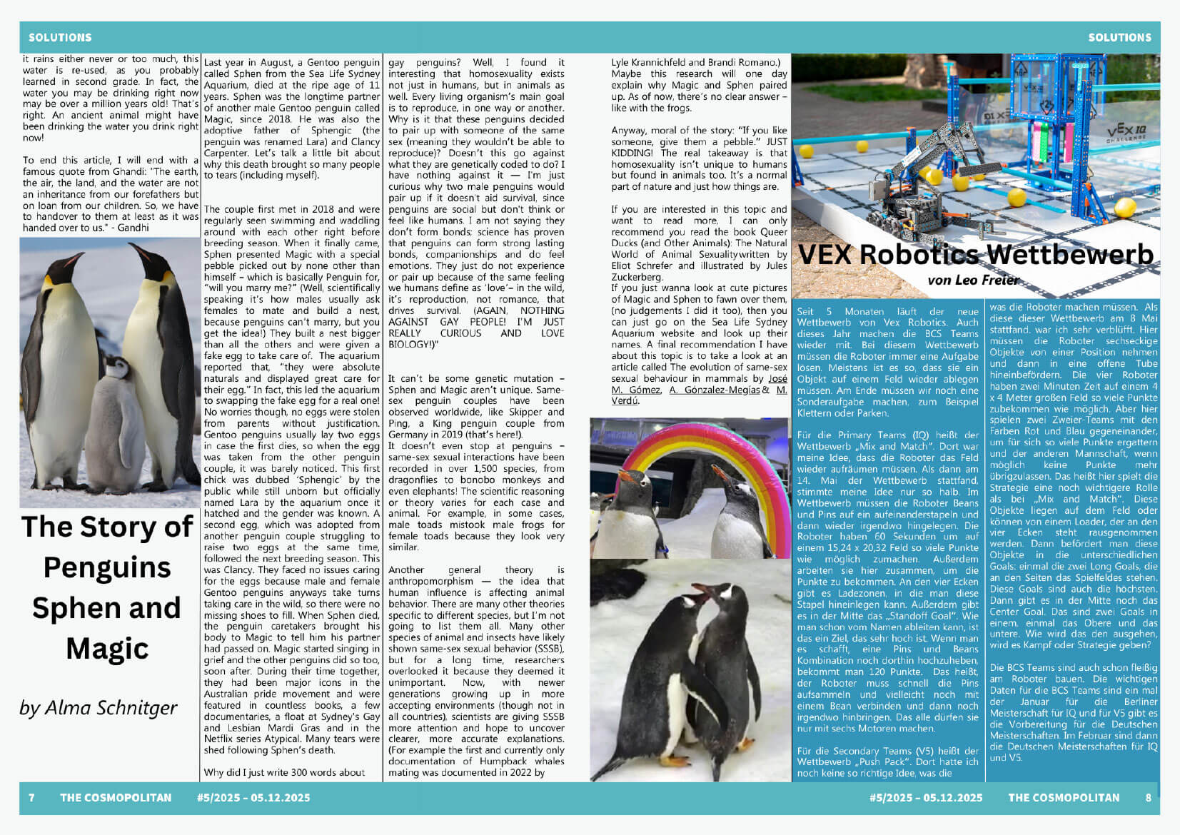 Cosmopolitanschool Berlin Eine Doppelseite mit einem Artikel über die Pinguine Sphen und Magic mit mehreren Pinguinfotos auf der linken Seite und einem Artikel über einen Robotikwettbewerb mit einem Roboter und einem Feld auf der rechten Seite. Der Text füllt den größten Teil des Layouts aus.