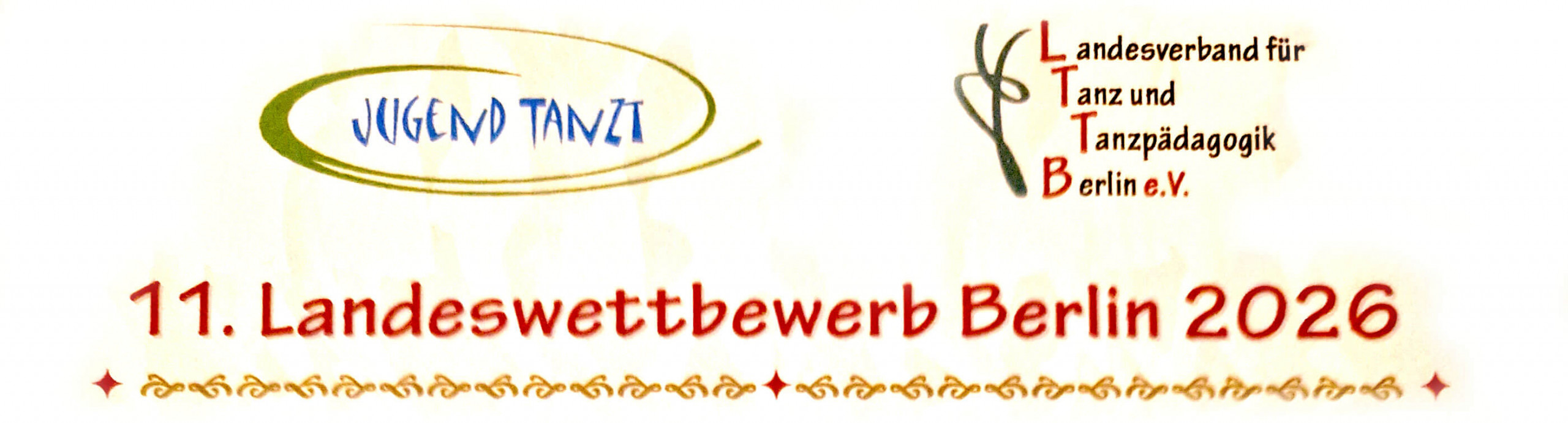 Cosmopolitanschool Berlin Logo mit Jugend tanzt in blau und Landesverband für Tanz und Tanzpädagogik Berlin e.V. neben einer Tänzergrafik. Darunter steht in roter Schrift: 11. Landeswettbewerb Berlin 2026. Unten eine dekorative Umrandung. loading=