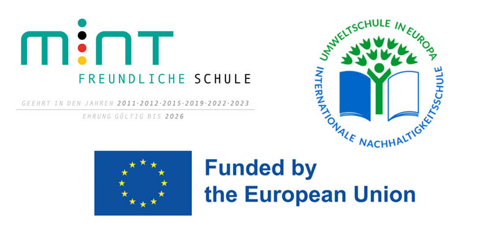 Cosmopolitanschool Berlin Logos für Berlin Cosmopolitan School, MINT freundliche Schule, Umweltschule in Europa - Internationale Nachhaltigkeitsschule, und die Europäische Union mit dem Text Funded by the European Union. loading=