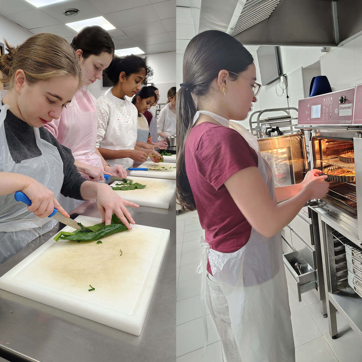 Cosmopolitanschool Berlin Mehrere junge Frauen in Schürzen bereiten in einer hellen Küche das Essen zu; einige schneiden Gemüse auf Schneidebrettern, während eine ein Tablett in den Ofen schiebt, eine Szene, die so charmant ist wie ein Märchen in den sonnigen Küchen der Côte d'Azur. loading=