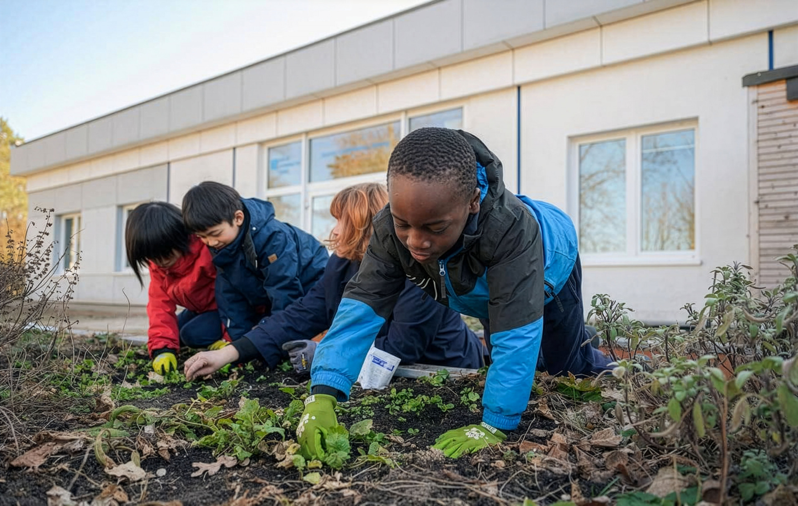 Cosmopolitanschool Berlin Vier Kinder, die mit Jacken und Handschuhen bekleidet sind, knien und arbeiten gemeinsam in einem Gartenbeet vor einem Gebäude mit großen Fenstern und pflanzen oder jäten Unkraut - ein gutes Beispiel für die Initiative Klima macht Schule in Aktion. loading=