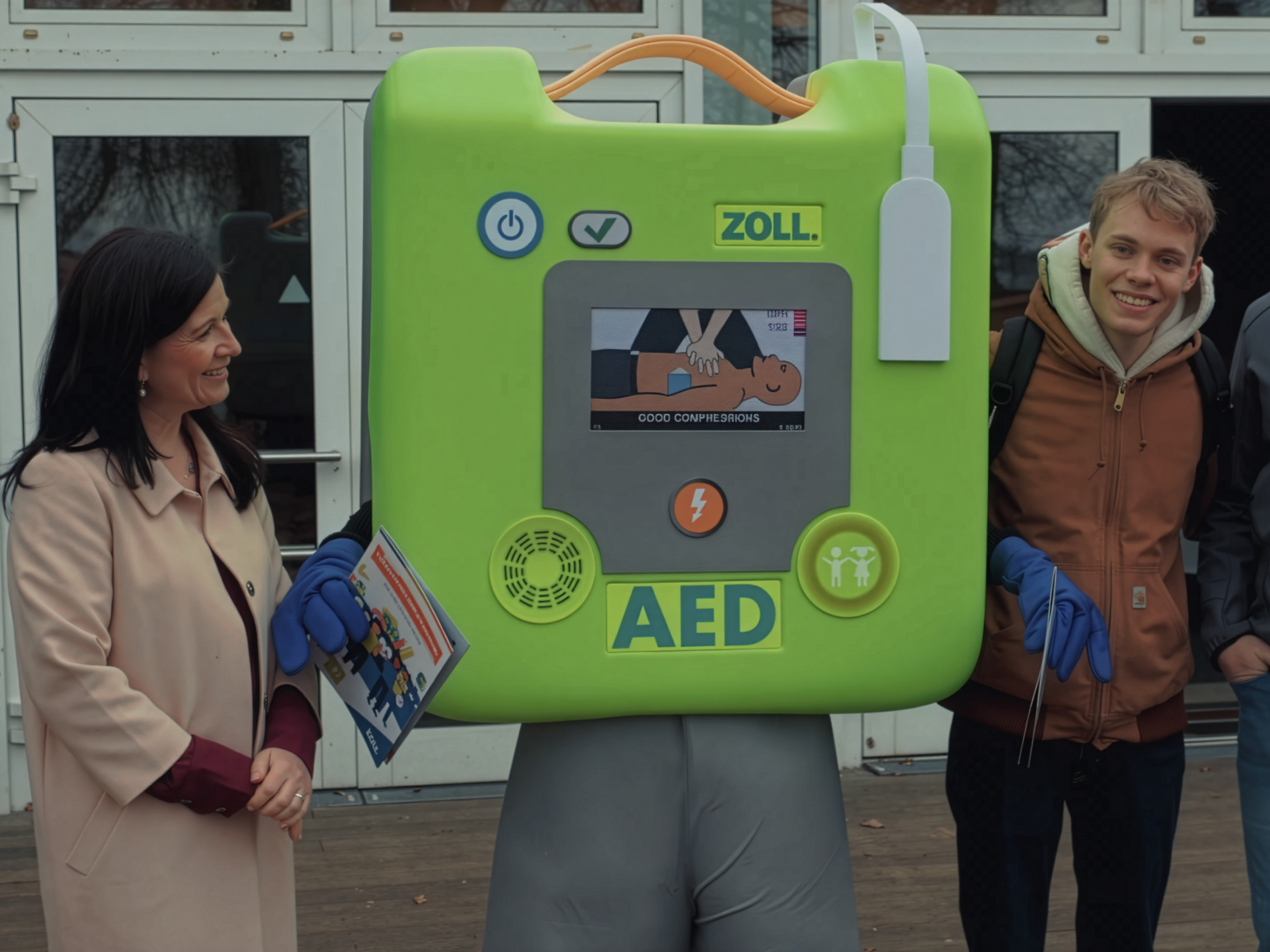Zwei Menschen posieren mit einem Defibrillator Maskottchen