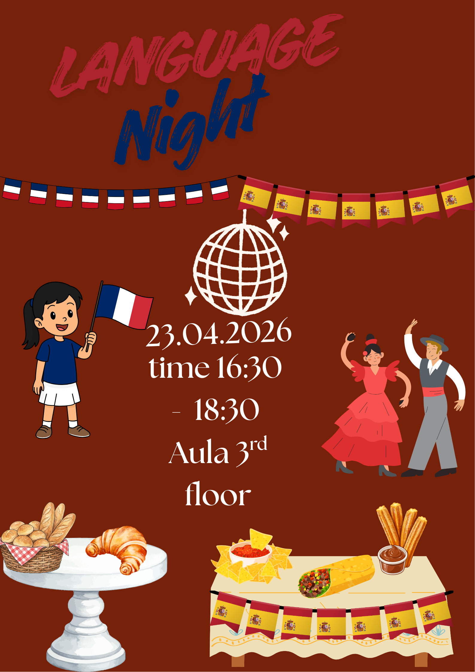 Cosmopolitanschool Berlin Ein Plakat für die Nacht der Sprachen mit französischen und spanischen Flaggen, Kindern, Flamenco-Tänzern und Bildern von französischen und spanischen Speisen. Details zur Veranstaltung: 23.04.2026, 16:30-18:30, Aula, 3. Stock. loading=