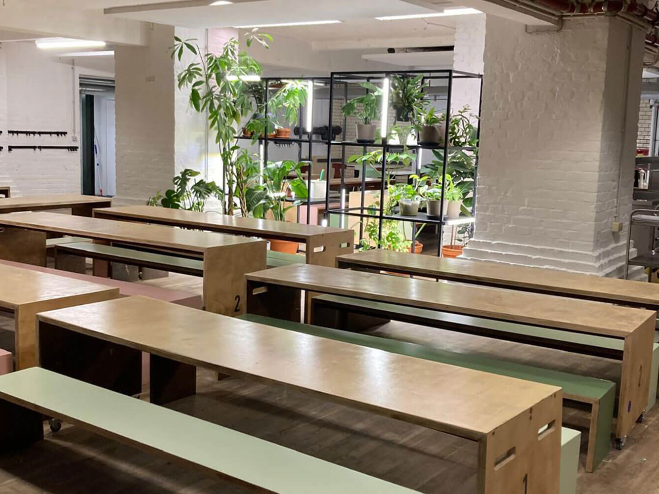 Cosmopolitanschool Berlin Eine moderne Cafeteria mit langen Holztischen und -bänken, weißen Backsteinwänden und mehreren Topfpflanzen, die den Raum begrünen. Natürliches Licht erhellt den Raum und schafft eine einladende Atmosphäre.