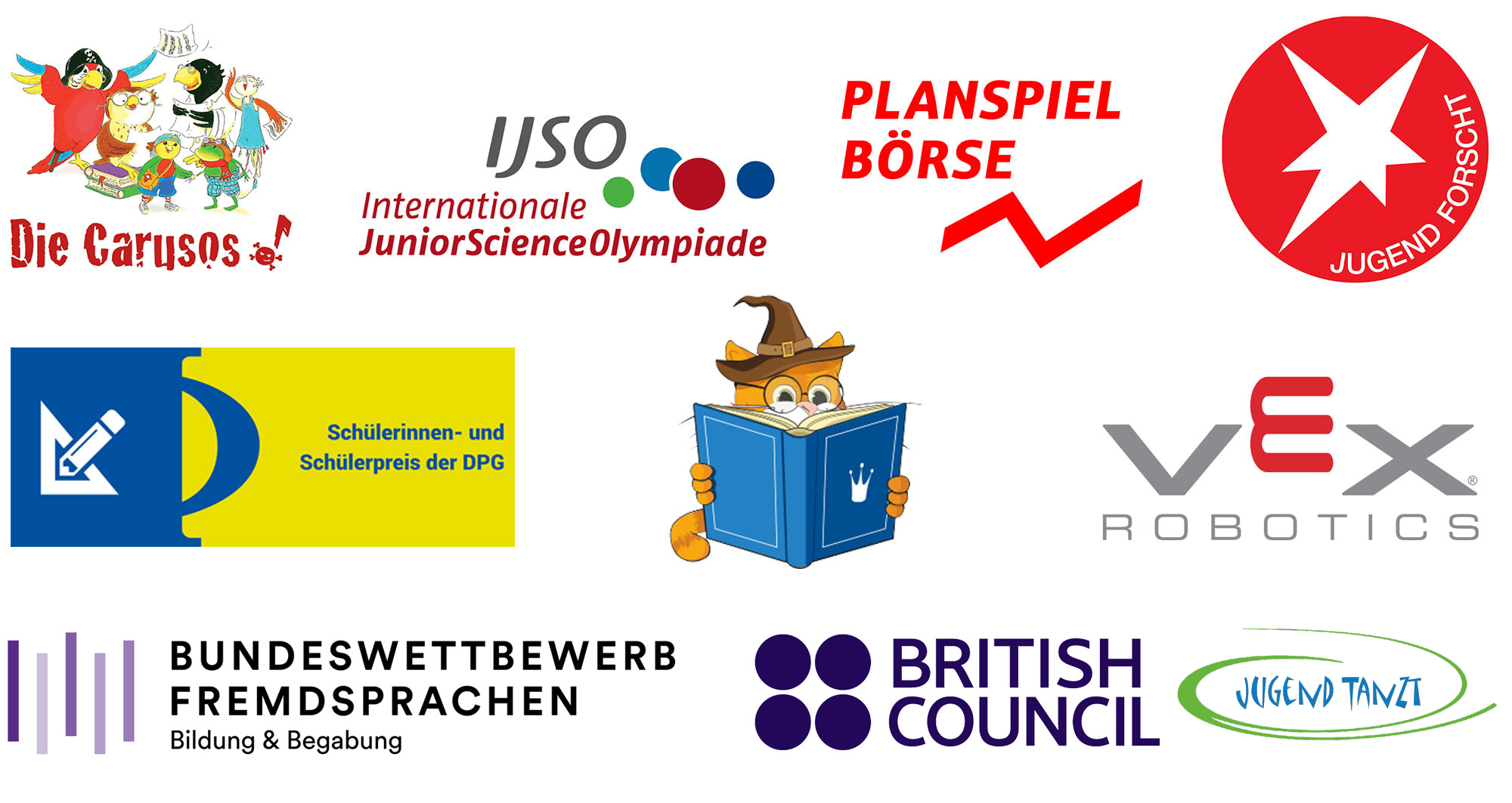 Cosmopolitanschool Berlin Eine Collage verschiedener Wettbewerbs- und Organisationslogos, die Akkreditierung und Auszeichnung von Die Carusos, IJSO, Planspiel Börse, Jugend Forscht, Schülerpreis DPG, VEX Robotics, Bundeswettbewerb Fremdsprachen, Jugend Tanzt und British Council präsentieren. loading=
