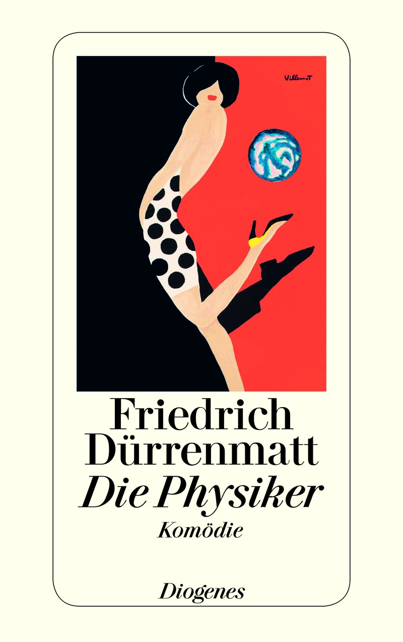 Grafische Darstellung einer Frau mit schwarzem Bob, die ein schwarz-weiß gepunktetes Kleid trägt und einen blauen Ball mit weißen Mustern hochhält, vor rot-schwarzem Hintergrund, darunter der Text 'Friedrich Dürrenmatt Die Physiker Komödie Diogenes' loading=