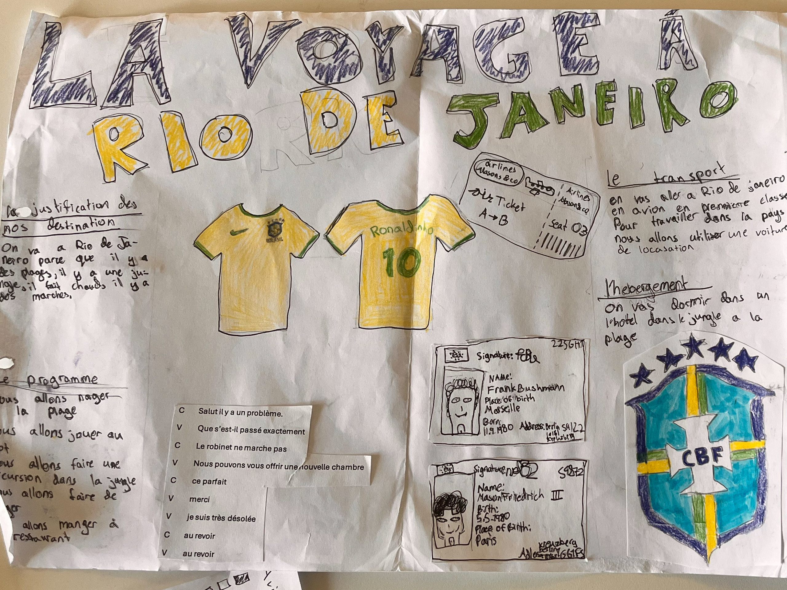 Handgeschriebene und gezeichnete Plakatwand mit dem Titel 'LA VOYAGE A RIO DE JANEIRO', Zeichnungen von zwei gelben Fußballtrikots mit der Nummer 10, einem Flugticket, Ausweisen und einem Wappen mit den Buchstaben 'CBF' loading=