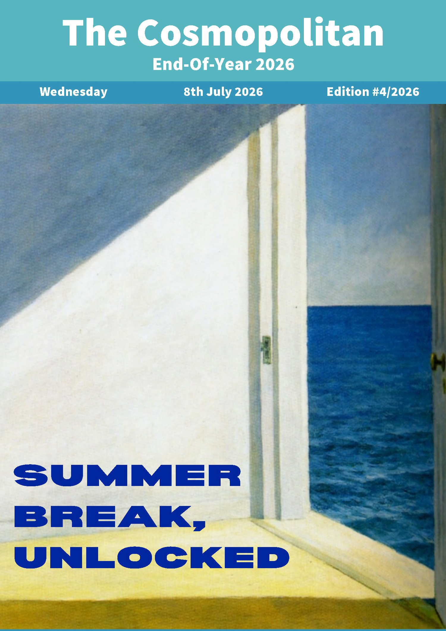 Offene Tür mit Blick auf das Meer und Sonnenlicht, das auf eine gelbe Fensterbank fällt, mit dem Text 'SUMMER BREAK, UNLOCKED' loading=