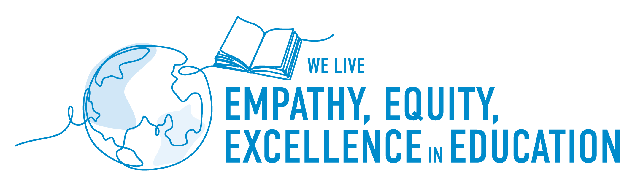 Weltkugel mit hervorgehobenen Kontinenten neben dem Text 'WE LIVE EMPATHY, EQUITY, EXCELLENCE IN EDUCATION' in blauer Schrift loading=
